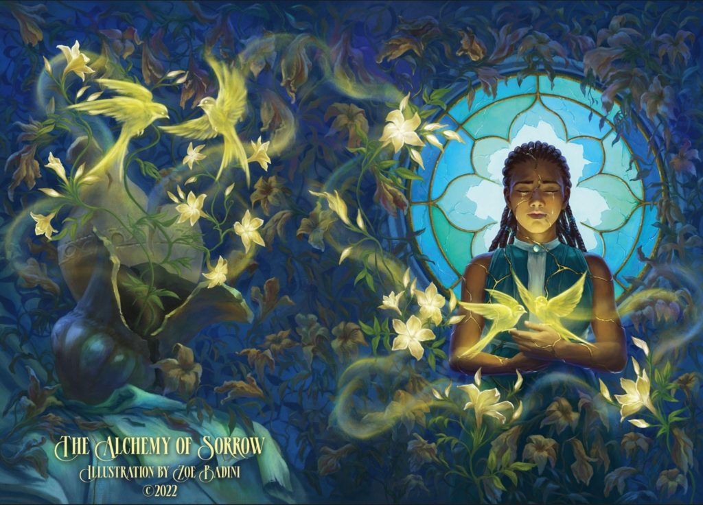 The cover illustration for The Alchemy of Sorrow. Image description: to the right of the image (the front cover) a woman of color stands before a broken stained glass window. Her body is riddled with glowing golden cracks. A pair of similarly glowing swallows flitter above her hands, held at chest level. She is surrounded by dead vines that curl around the window as well--here and there, a few glowing golden flowers are blooming. To the left of the image (the back cover), a pair of glowing swallows face each other in midair, framed by a few glowing flowers. The rest of the cover shows dead vines and a sense of decay, including a broken ewer